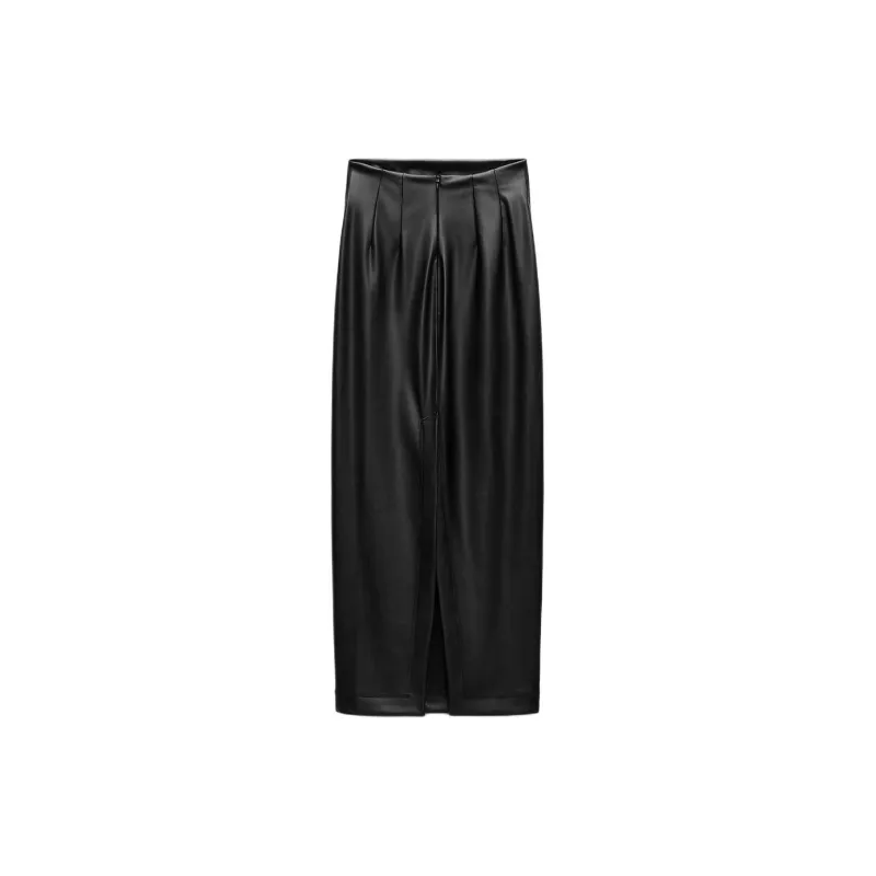 ZARA ZW Series Leather Long Skirts Women's Black-1