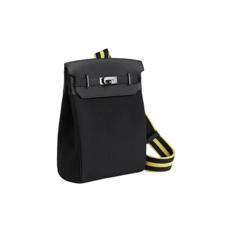 HERMES Hac A Dos Woolycot Canvas With Swift Leather Shoulder Bag Large Size Women's Black/Stone Grey-1