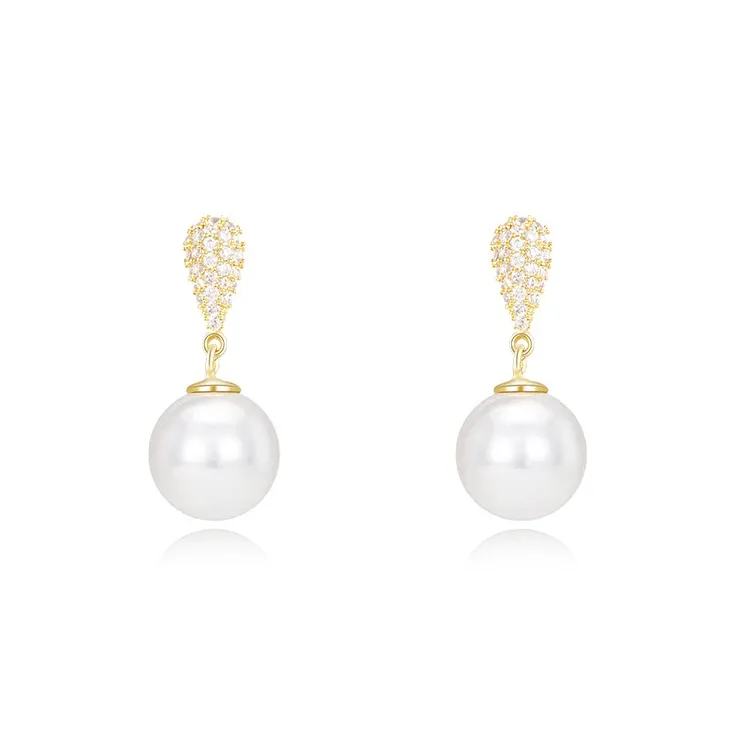 Rhymes Zircon Drop Pearl Gold Plated Copper Clip On Earrings Women's-0