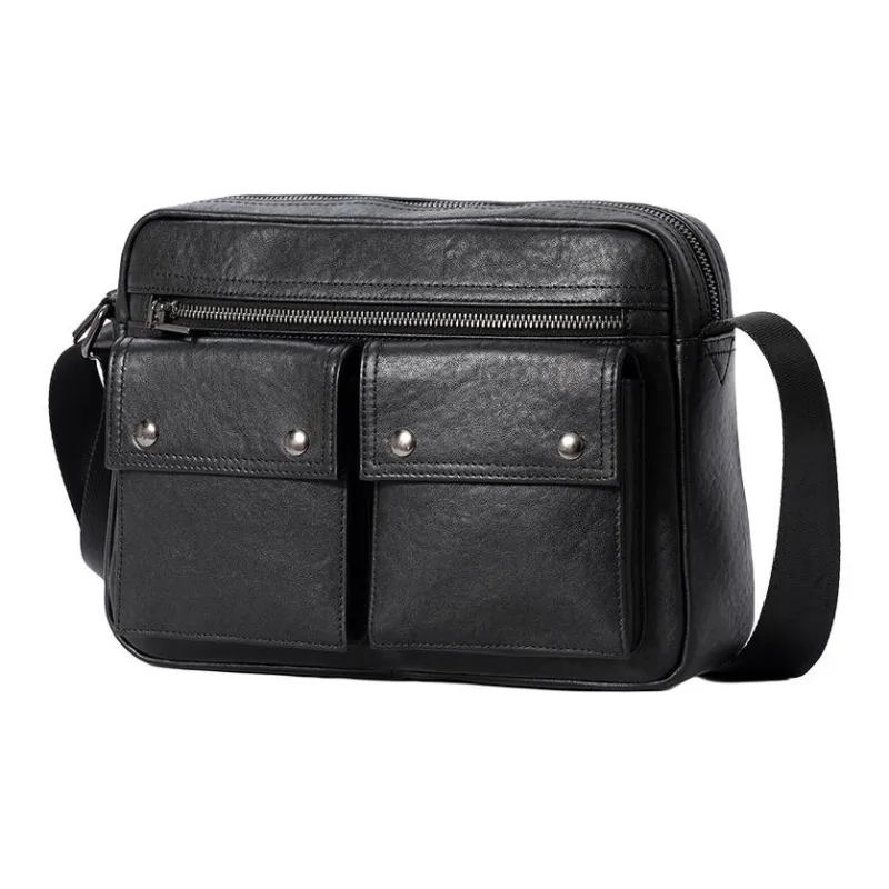 DOSRFINI Cow Leather Shoulder Bag Crossbody Bag Large Size Men's Black-1