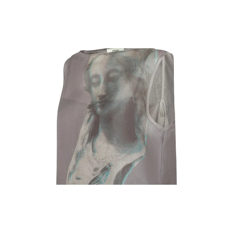 FENDI Statue Patterned Print Boat Neck Sleeveless T Shirt Women's Gray-3