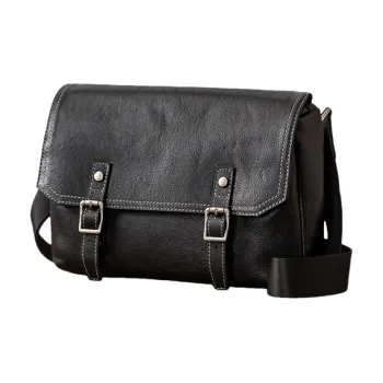 Back Step Vegetable Tanned Plant Tanned Top Grain Cow Leather Messenger Bag Crossbody Bags Large Size Men's Black
