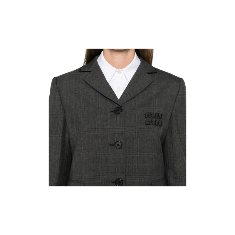 MIU MIU Tartan Print Cropped Jacket 'Slate Grey'-5