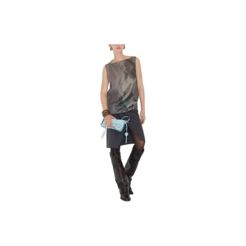 FENDI Statue Patterned Print Boat Neck Sleeveless T Shirt Women's Gray-2