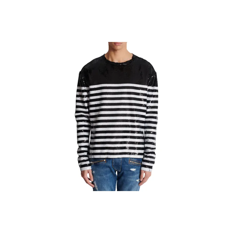 BALMAIN Mariniere Sequin embellished Silk T shirt-4