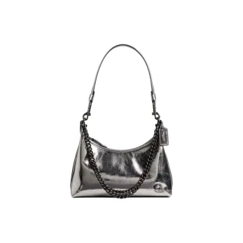 COACH Metallic Leather Shoulder Bag Crossbody Bag Medium Size Women's Silver Gray