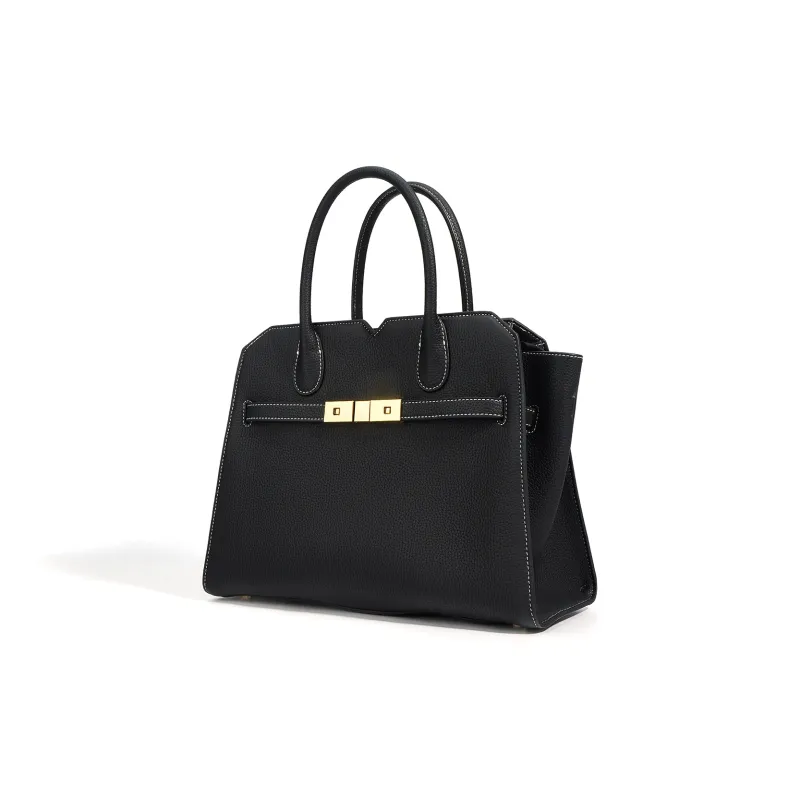 NIUMJ Top Grain Cow Leather Handbag Regular Women's Black/Modern Gray/Amber Gold-1