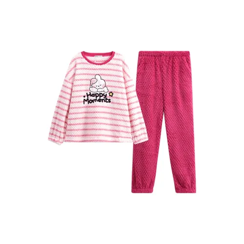 FENTENG Brown Bear Pajama Set Women's Peach Pink Stripe