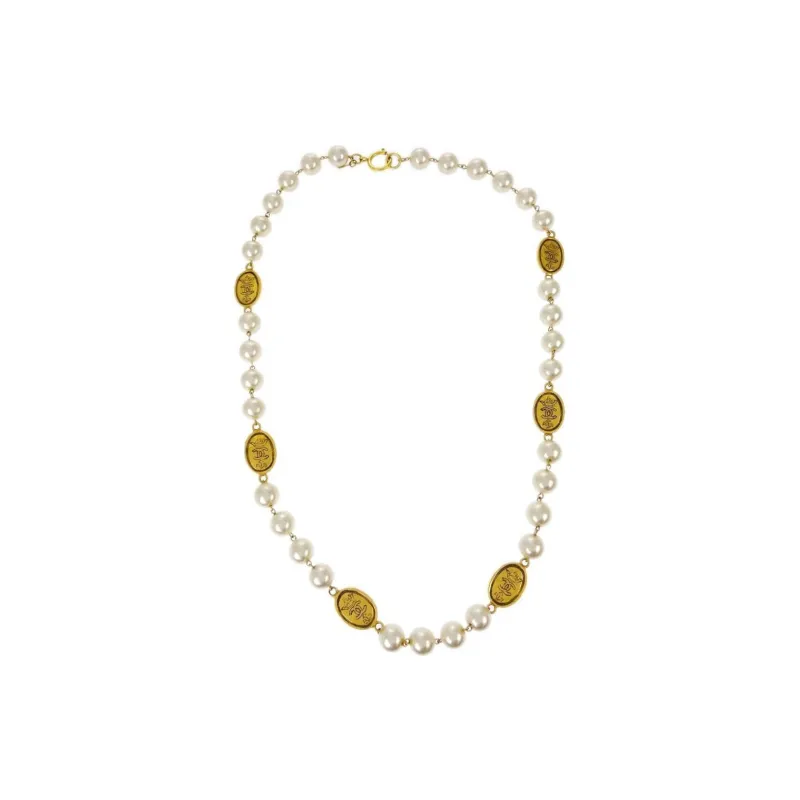 CHANEL 1986 1992 Logo Faux pearl Necklace-0