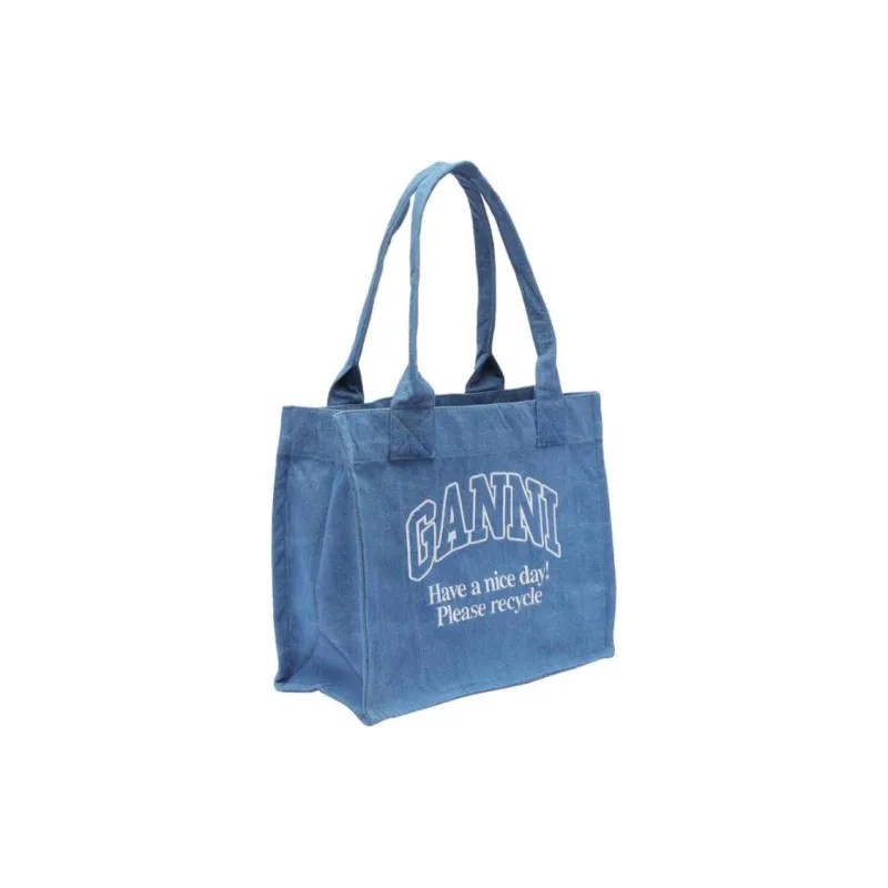 GANNI Logo Embroidered Denim Tote Bag-2