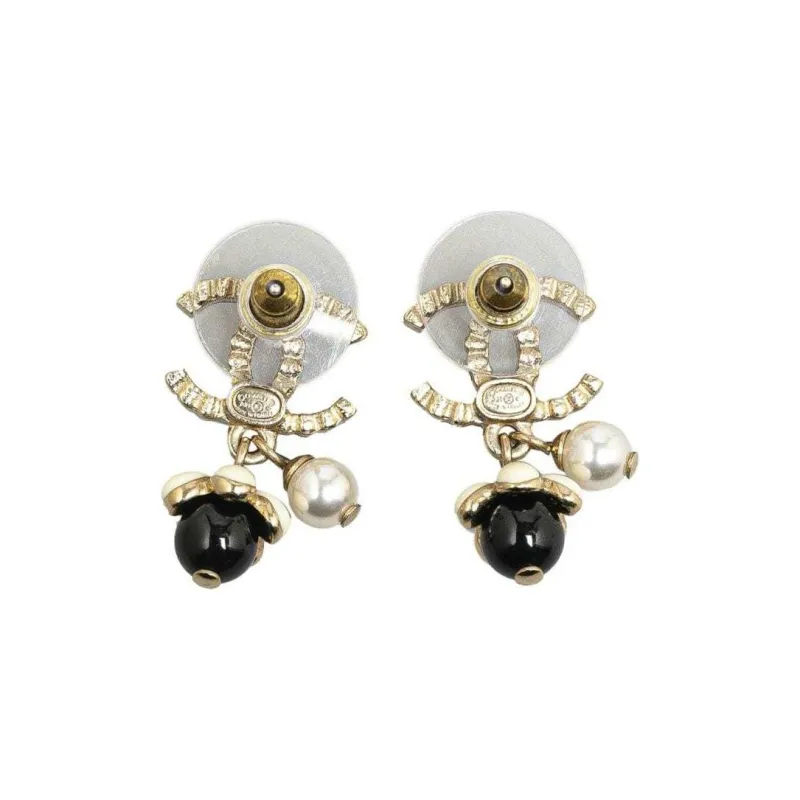 CHANEL 20th Century Plated Rhinestones Pearl Cc Drop Push Back Costume Earrings-1