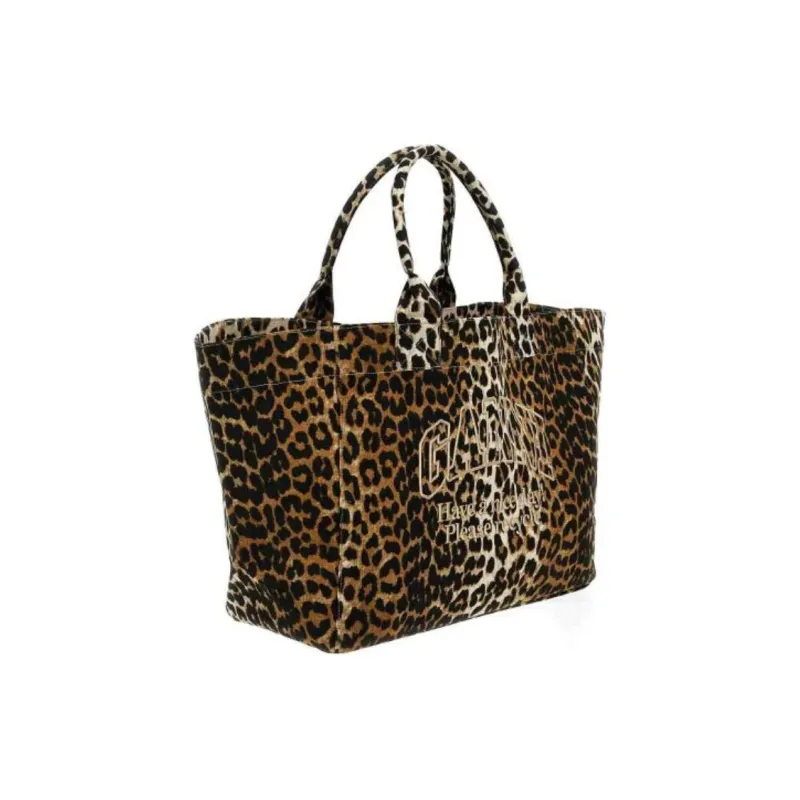 GANNI Recycled Cotton Tote Bag, Shopping Bag, Handbag Extra Large Women's Leopard Print-3