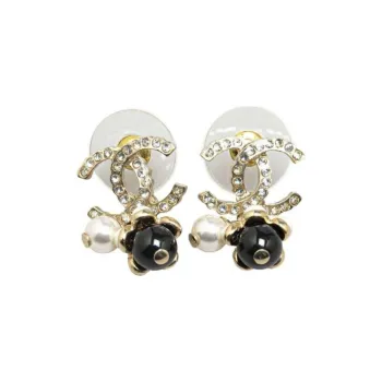 CHANEL 20th Century Plated Rhinestones Pearl Cc Drop Push Back Costume Earrings