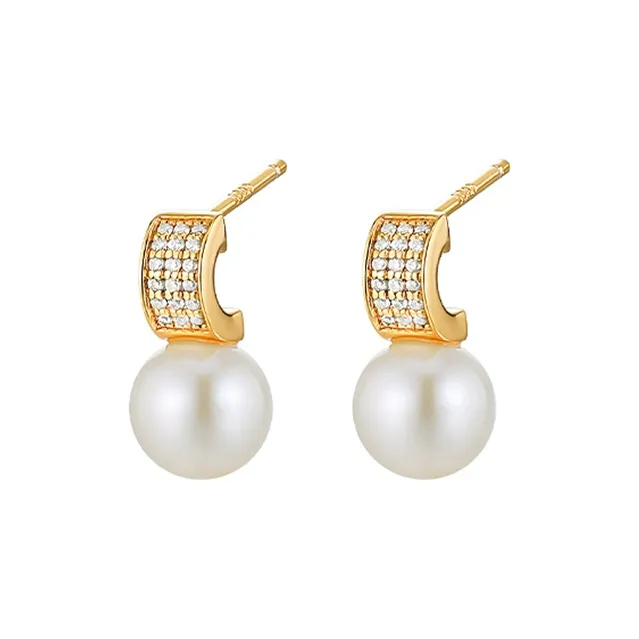 NATURALLYJOJO 925 Sterling Silver Needle Zircon Shell Pearl Earrings Women's Silver/Gold-8