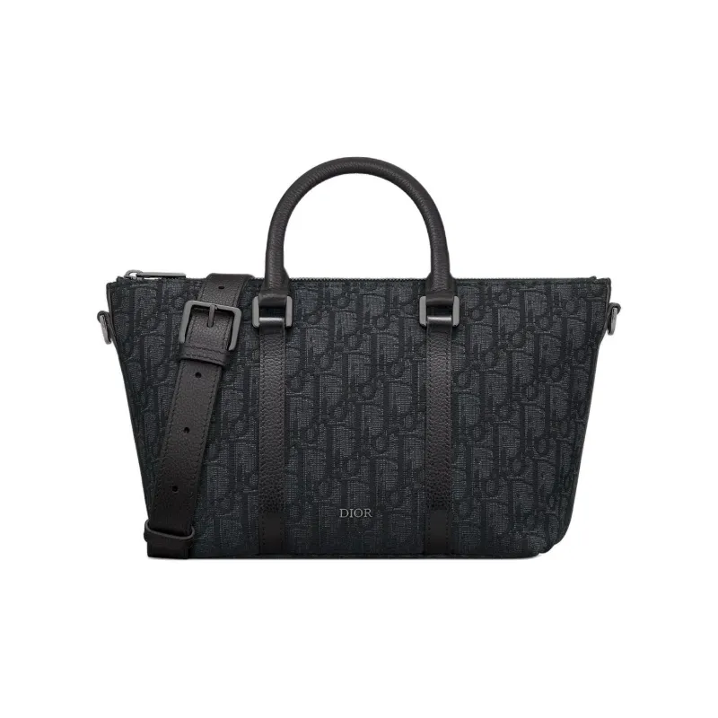 DIOR Oblique Printed Fabric Grained Cow Leather Shoulder Bag Crossbody Bag Men's Black-0