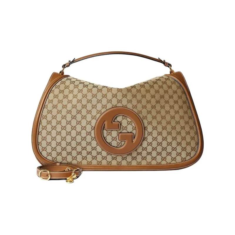GUCCI Blondie Canvas With Leather Trim Shoulder Bag Crossbody Bag Handbag Large Size Women's Beige & Dark Brown-1