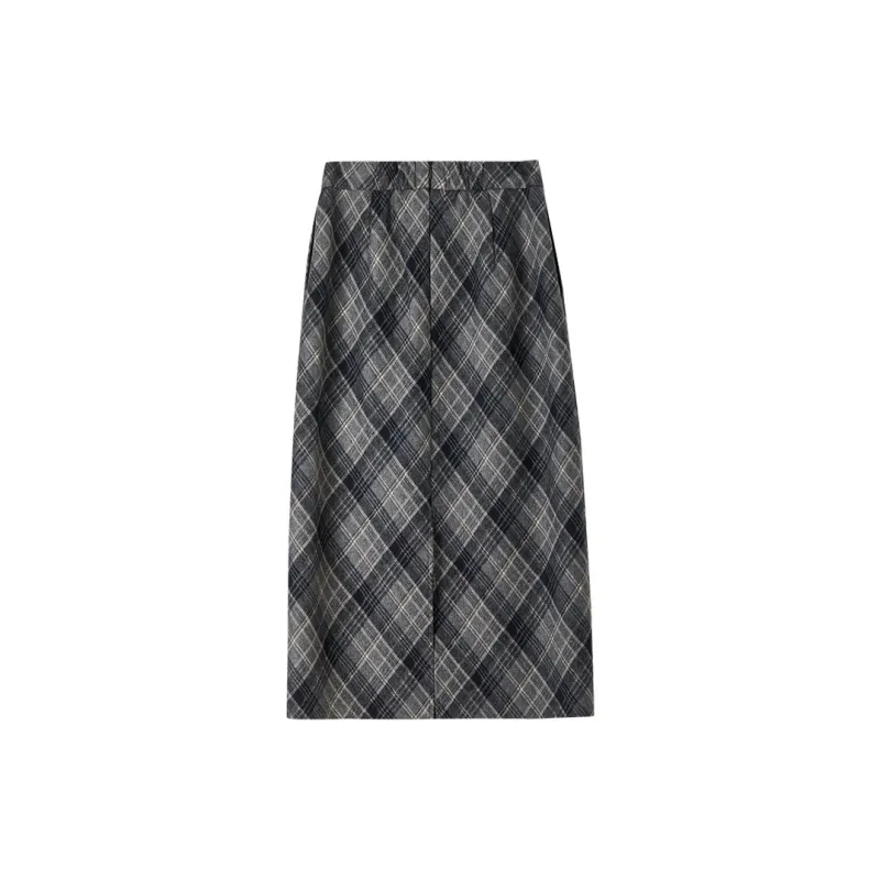 SENTUBILA Casual Long Skirts Women's Navy Blue Plaid-1