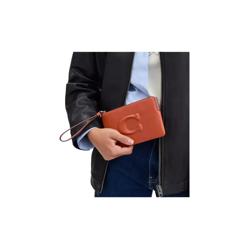COACH Wristlet Smooth Leather Clutch Small Size Women's Dark Orange-4