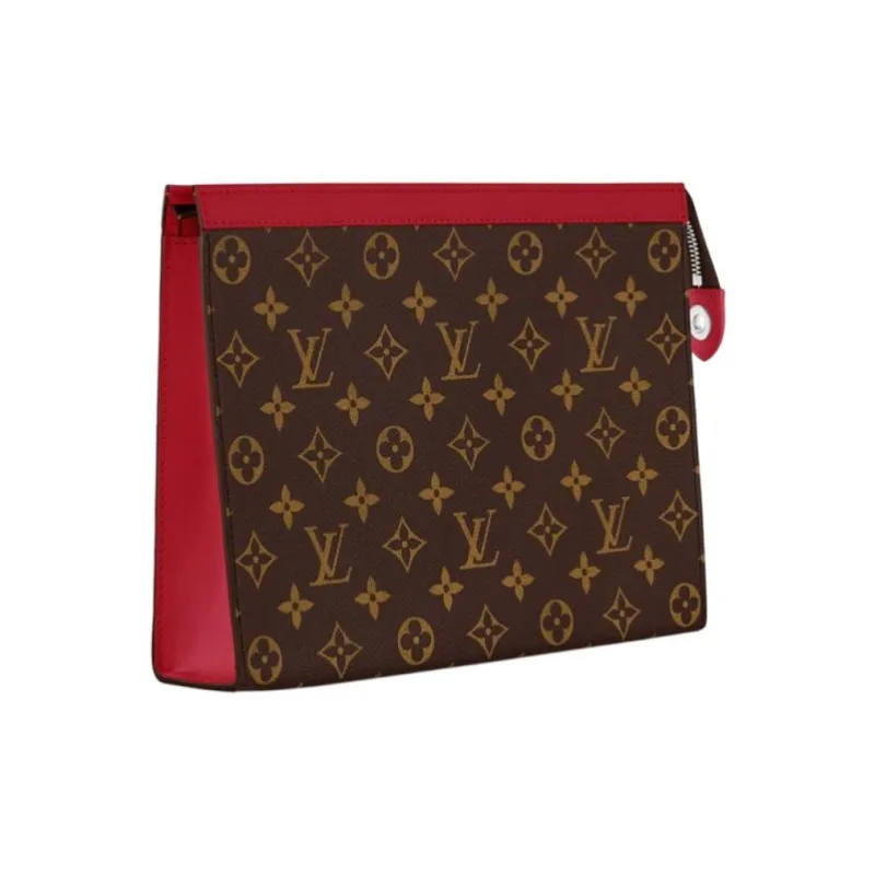 LOUIS VUITTON Pochette Voyage Leather Trim Clutch Regular Men's Red & Brown-1