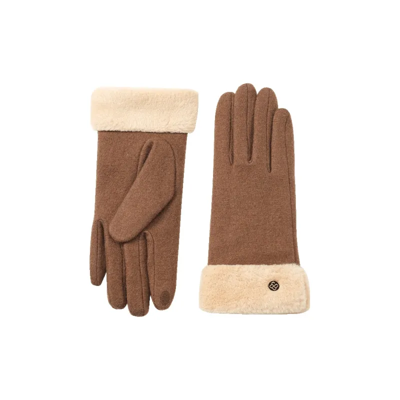 JIUMU Sheep Wool Warm Gloves Women's Beige Camel/Dark Camel/Black-2
