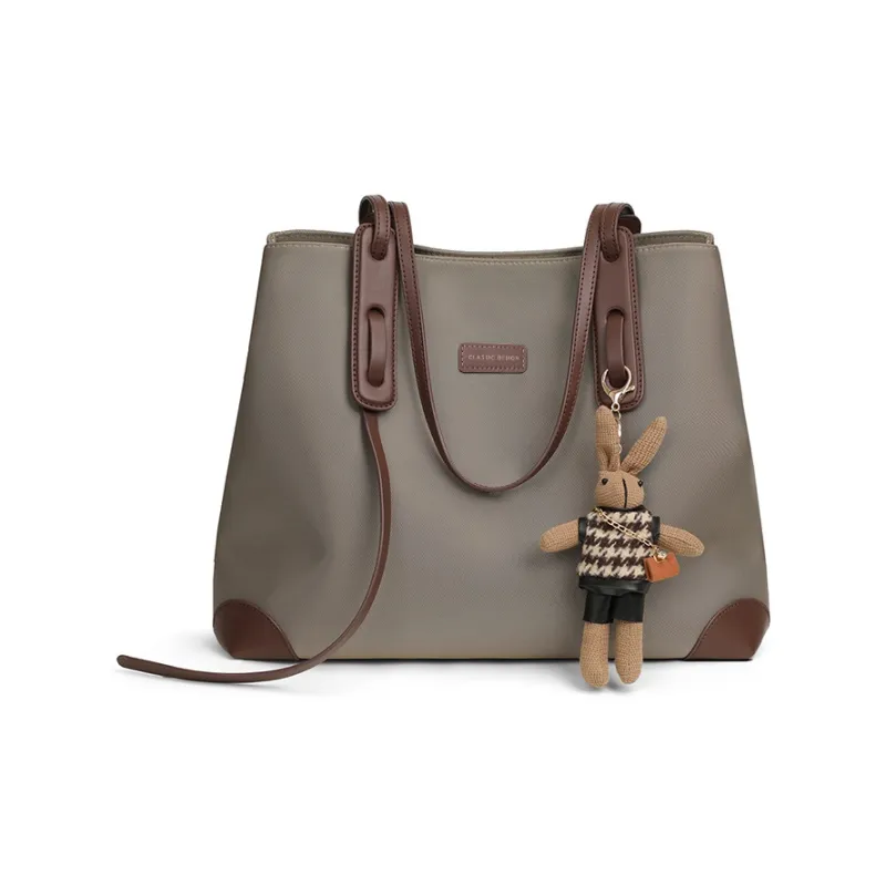 VINEY Fabric Tote Shopping Bag Shoulder Bag Large Size Women's Khaki-8