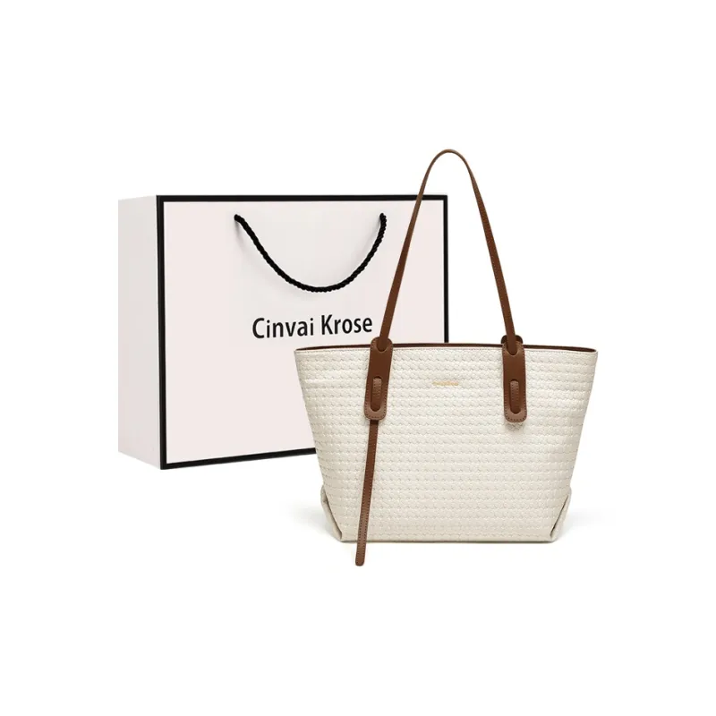 Simvay Clos PVC With Synthetic Leather Tote Bag Shopping Bag Shoulder Bag Large Size Women's Black/Ecru & Brown-9