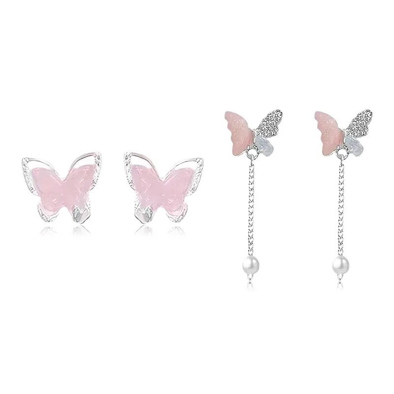 WANLIACC Alloy Pink Butterfly Stud Earrings Women's-4