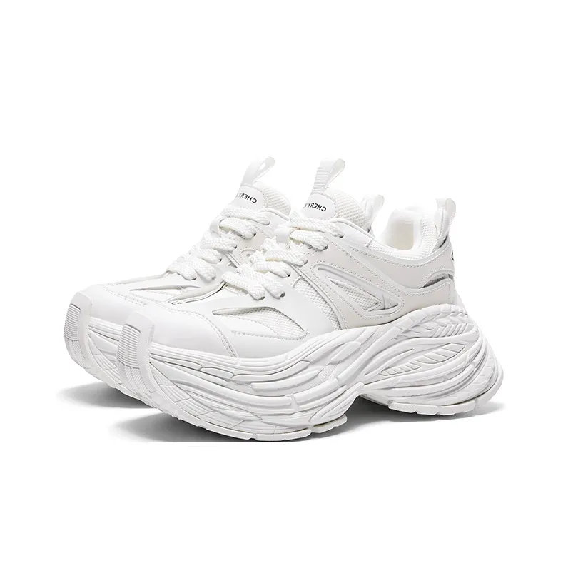 CHERYKALLY Wear Resistant Height Increasing Low Top Chunky Sneakers Women's White-1