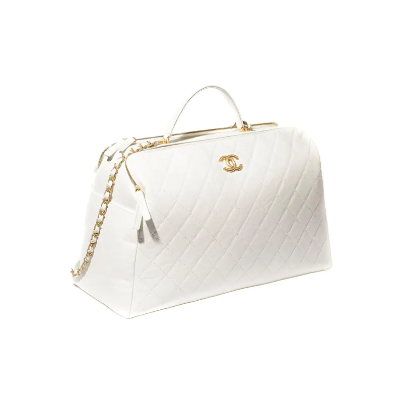 CHANEL Vintage Calfskin Bowling Bag, Shoulder Bag, Crossbody Bag, Handbag Extra Large Women's White-1