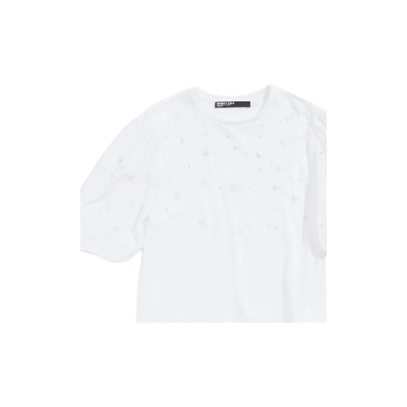 BIMBA Y LOLA Solid Color Crew Neck Rhinestone Short-Sleeved Cropped T-Shirt Women's White-1