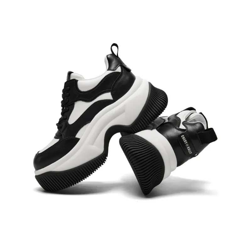 CHERYKALLY Anti Slip And Wear Resistant Height Increasing Coverage Low Top Chunky Sneakers Women's White Black-3