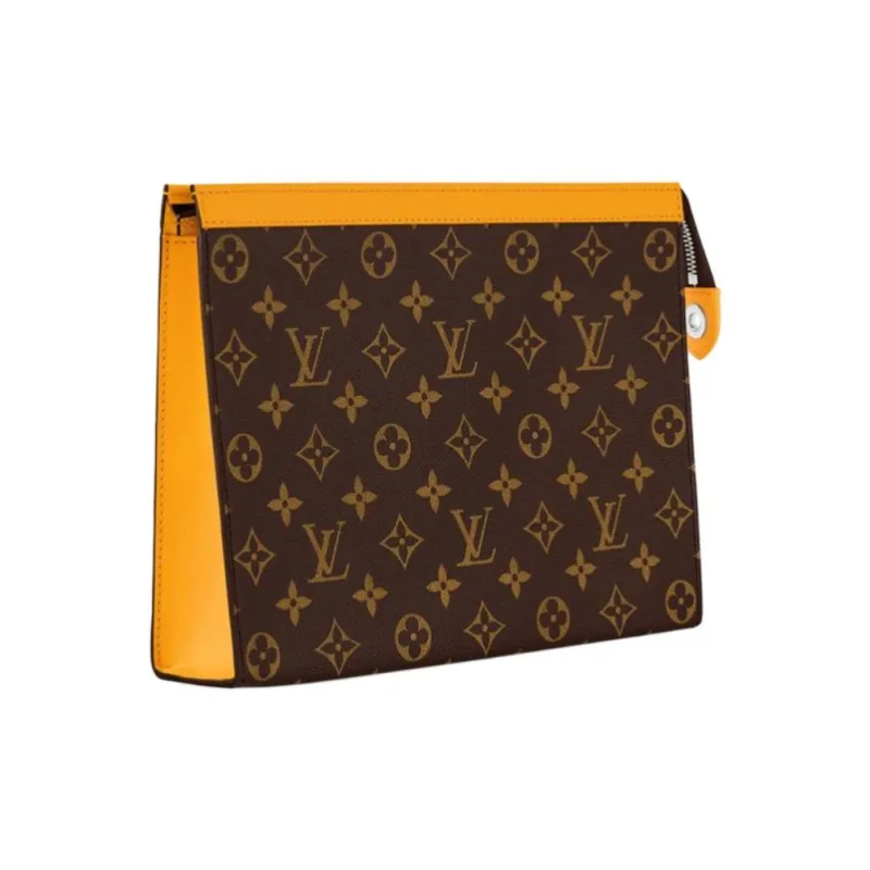 LOUIS VUITTON Pochette Voyage Leather Trim Clutch Regular Men's Yellow & Brown-1