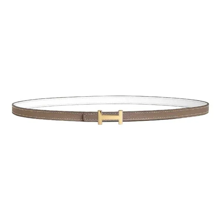 HERMES Metal Leather Belts Women's Taupe/White Width 1.3CM-0
