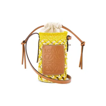 LOEWE Cylinder Pocket Palm With Calfskin Patch Straw Bag Vacation Bag Shoulder Bag Crossbody Bag Women's Yellow