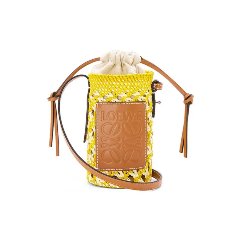 LOEWE Cylinder Pocket Palm With Calfskin Patch Straw Bag Vacation Bag Shoulder Bag Crossbody Bag Women's Yellow-0