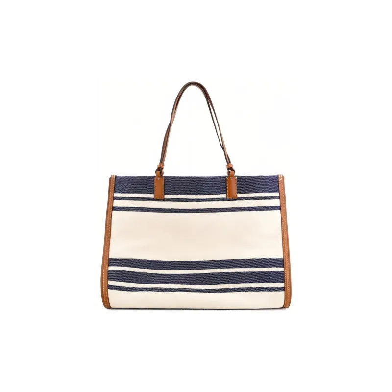 TORY BURCH Ella Jacquard Fabric Cow Leather Tote Bag Shopping Bag Shoulder Bags Women's Marine Blue-3