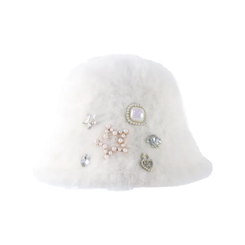 PISHUSHU Rabbit Fur Beanies Women's Black White-1