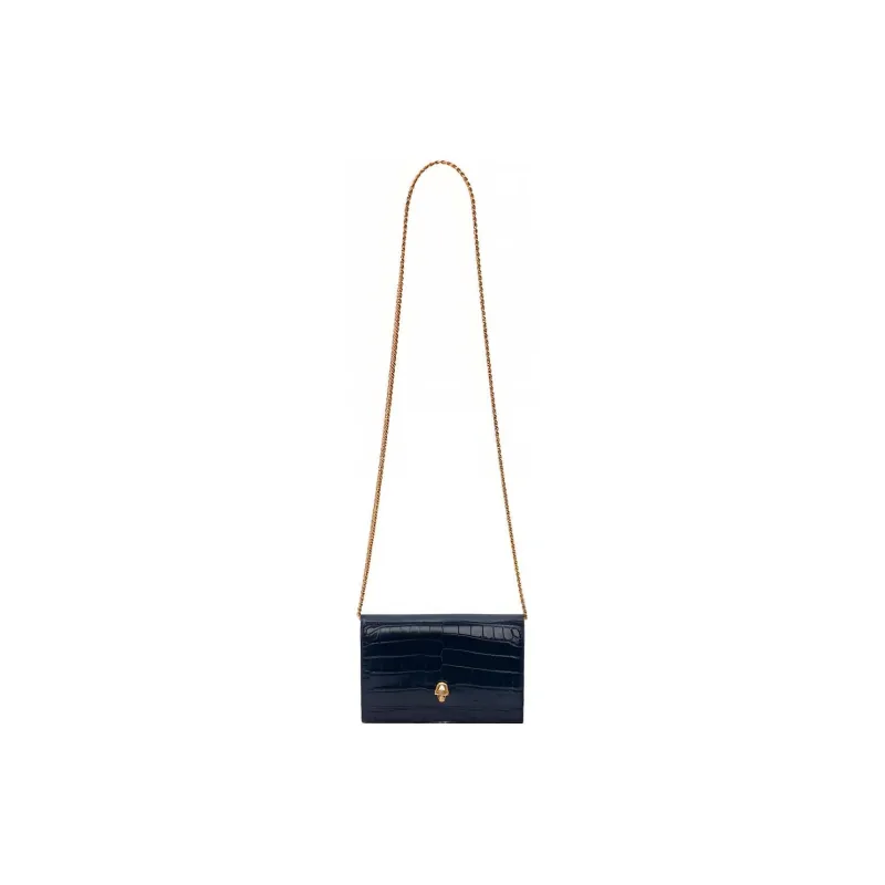 Alexander McQueen Crocodile Embossed Calfskin Shoulder Bag Small Size Women's Navy-4