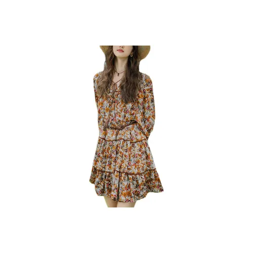 Wbwq Long-Sleeved Dresses Women's Coffee Floral Pattern