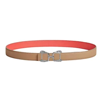 HERMES Palladium-Plated Metal Calfskin Leather Belts Women's Light Brown Width 2.4CM
