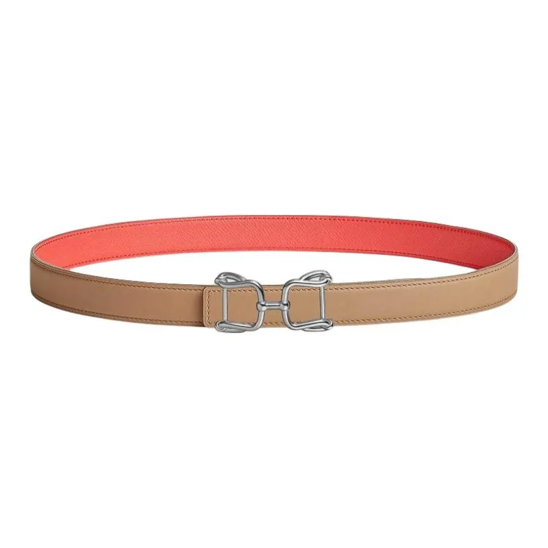 HERMES Palladium-Plated Metal Calfskin Leather Belts Women's Light Brown Width 2.4CM-0