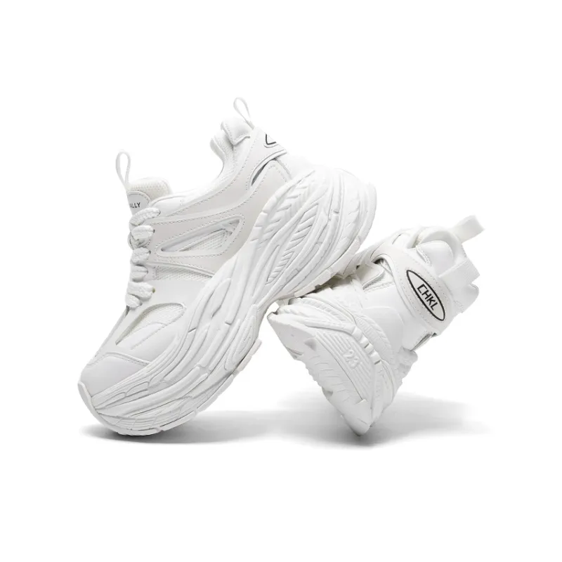 CHERYKALLY Wear Resistant Height Increasing Low Top Chunky Sneakers Women's White-3