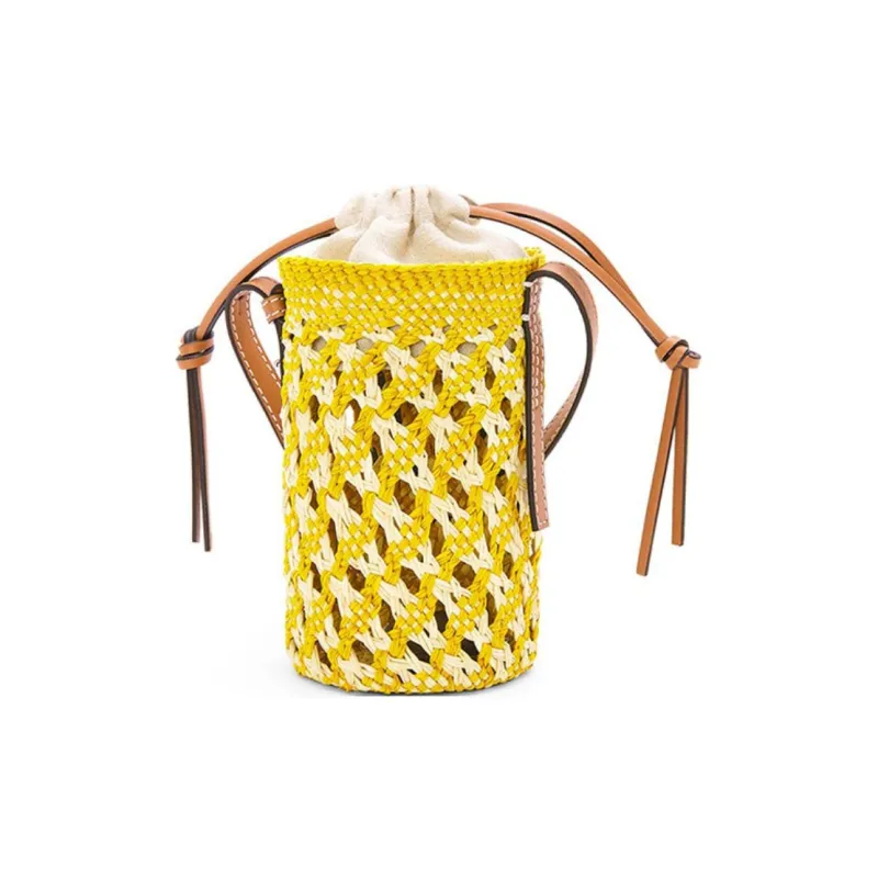 LOEWE Cylinder Pocket Palm With Calfskin Patch Straw Bag Vacation Bag Shoulder Bag Crossbody Bag Women's Yellow-2