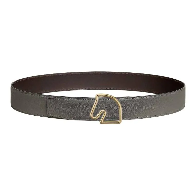 HERMES Calfskin Leather Belts Men's Ebony/Gray Meyer Width: 3.8CM-1