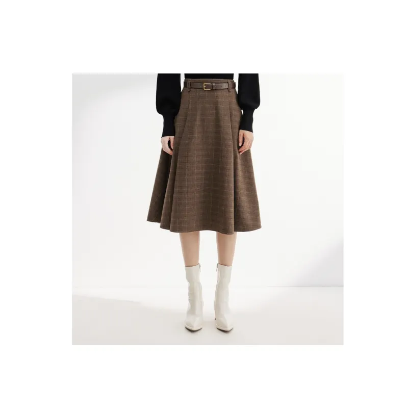 SHUIYUNJIAN Casual Long Skirts Women's Coffee Plaid-1