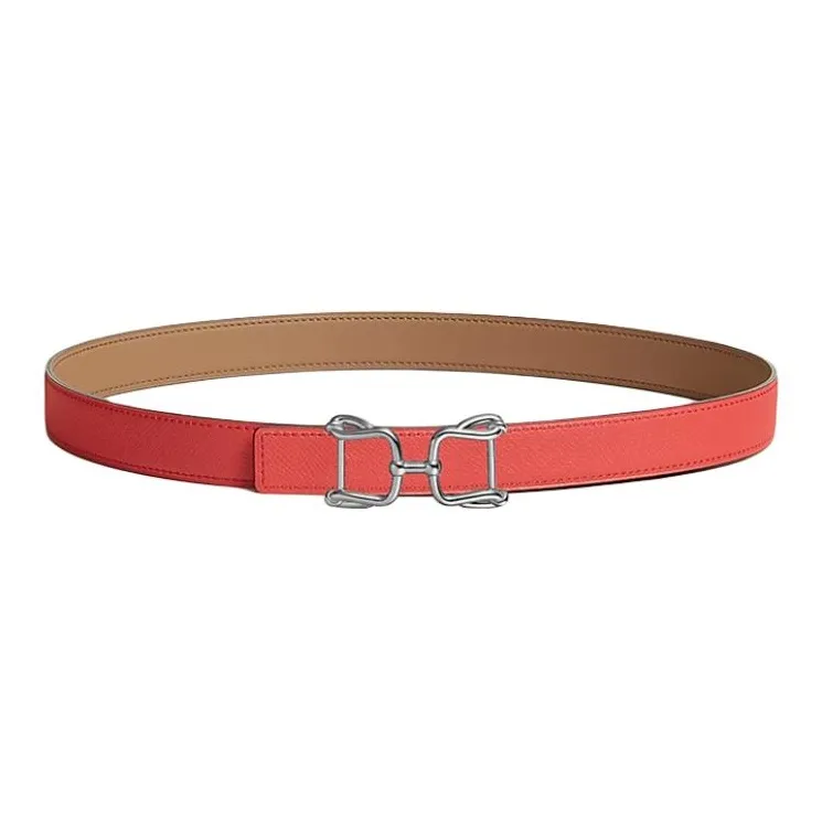 HERMES Palladium-Plated Metal Calfskin Leather Belts Women's Light Brown Width 2.4CM-1