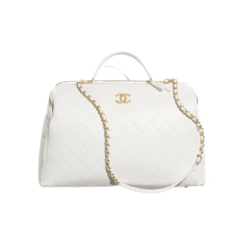 CHANEL Vintage Calfskin Bowling Bag, Shoulder Bag, Crossbody Bag, Handbag Extra Large Women's White-0