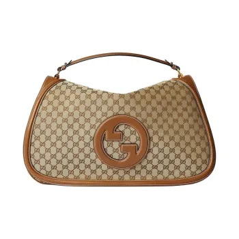 GUCCI Blondie Canvas With Leather Trim Shoulder Bag Crossbody Bag Handbag Large Size Women's Beige & Dark Brown
