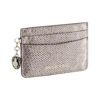 BVLGARI Water Snake Skin Calfskin Card Holder Women's Brown