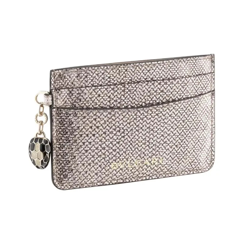 BVLGARI Water Snake Skin Calfskin Card Holder Women's Brown-0